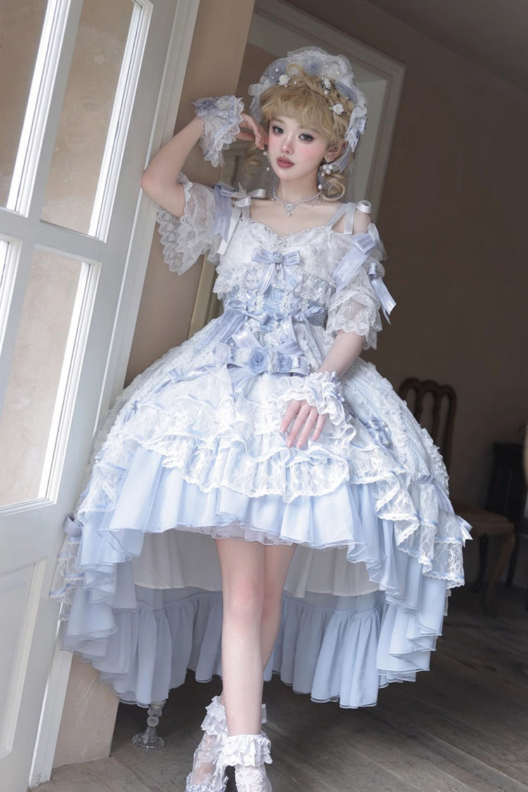 Blue [Diane Rose] Short Sleeves Multi-Layered Jacquard Ruffle Hanayome Cardigan Bowknot Lace Sweet Lolita Dress