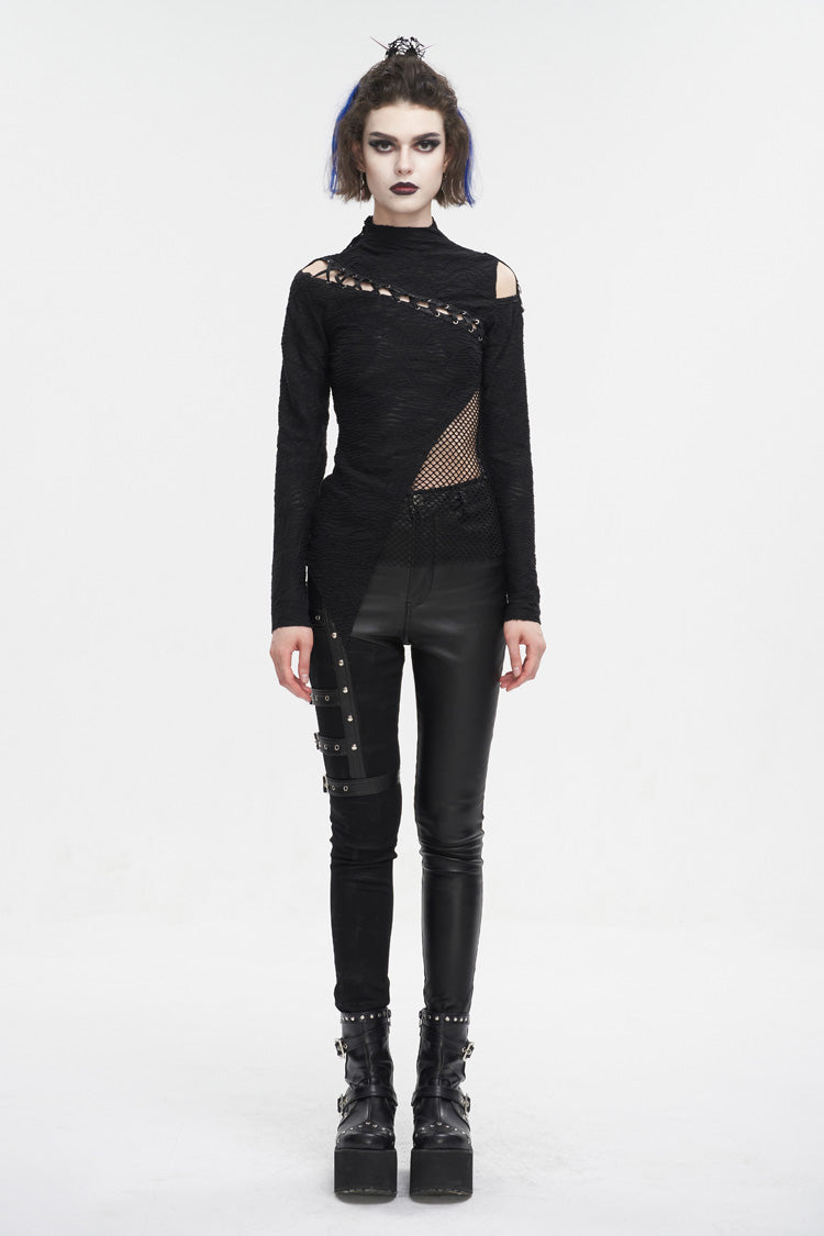 Black Strappy Cutout Mesh Splice Women's Gothic Shirt