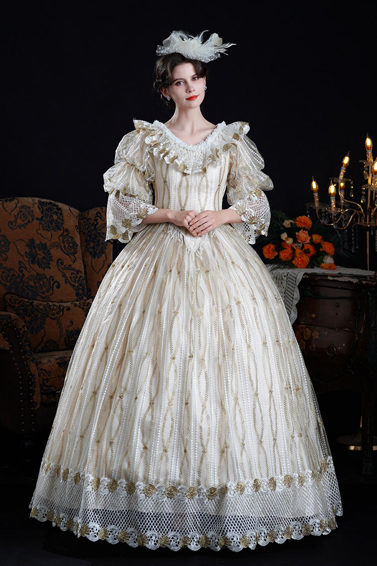 Champagne Long Puff Sleeves Ruffled Cut-Out Mesh Classic Vintage Palace Lolita Victorian Dress