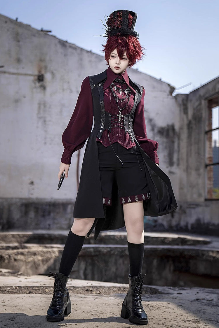 Red Lapel Collar Long Sleeves Embroidery Slim Gothic Vintage Prince Ouji Lolita Blouse