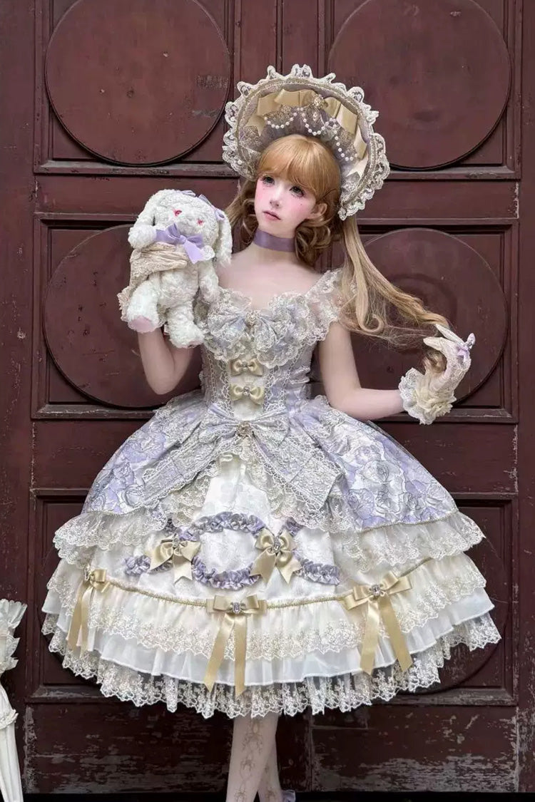 Lila [vergoldeter Walzer] ärmelloses, bedrucktes, gerüschtes, besticktes Schleifen-Spitze-Kleid mit quadratischem Kragen, wunderschönes, süßes Lolita-JSK-Kleid