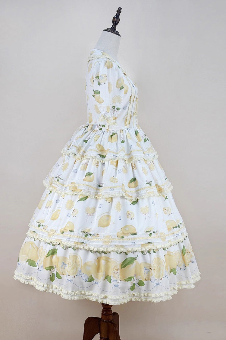 White [Lemon Chicken] Short Sleeves Triple-Layered Print Ruffle Bowknot Lace Sweet Gorgeous Lolita Dress