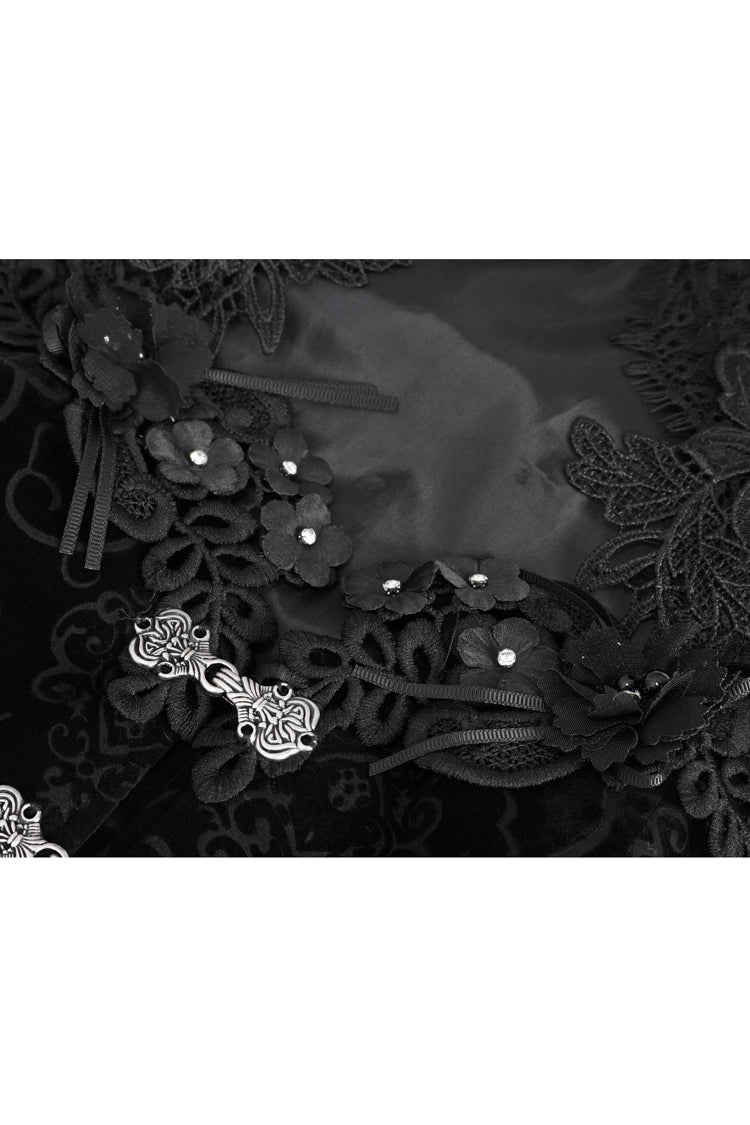 Schwarze Gothic-Bluse mit langen Trompetenärmeln und Spitzennähten für Damen