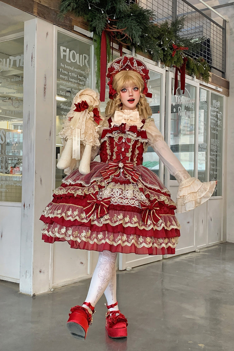 Red [Crown of Gems] Triple-Layered Ruffle Bowknot Lace Sweet Gorgeous Lolita Jsk Dress
