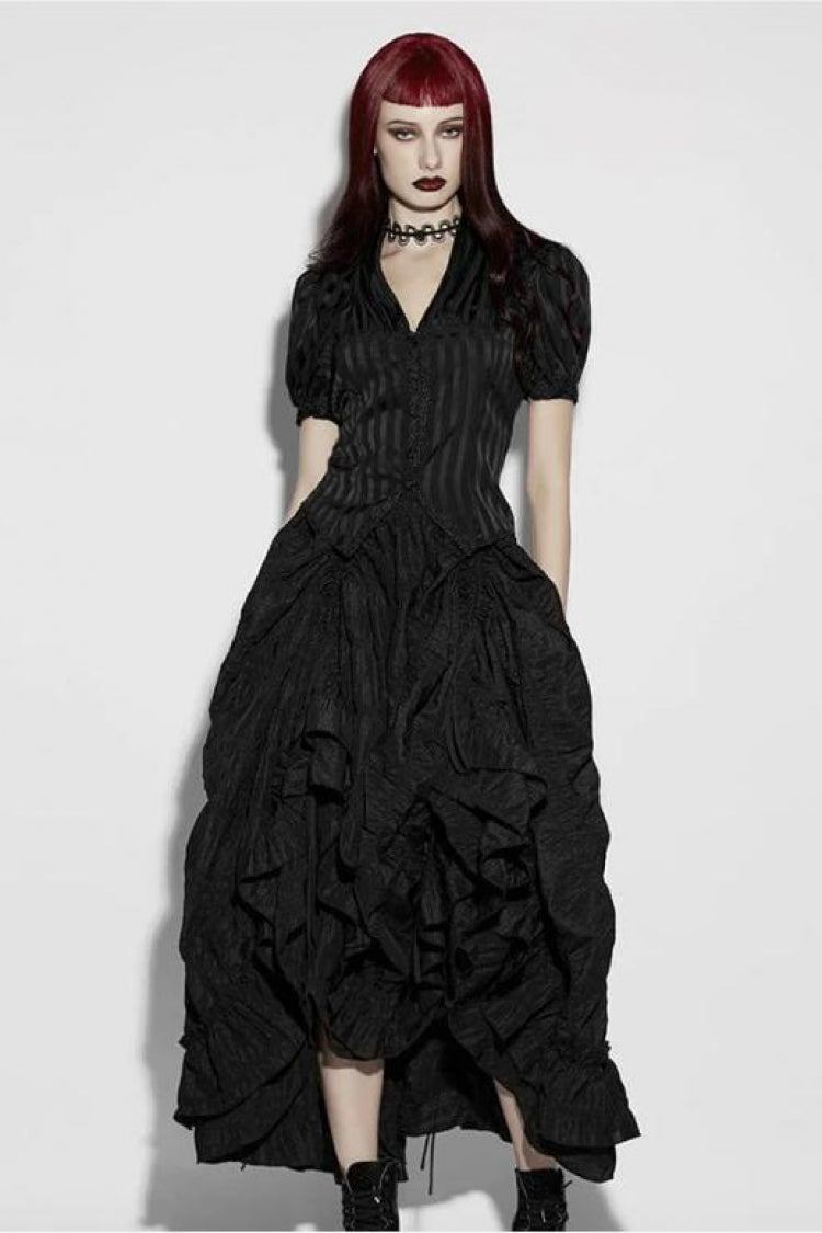 Schwarze Damen-Gothic-Bluse mit V-Kragen, kurzen Puffärmeln, Spitze und Schnürung, gestreift