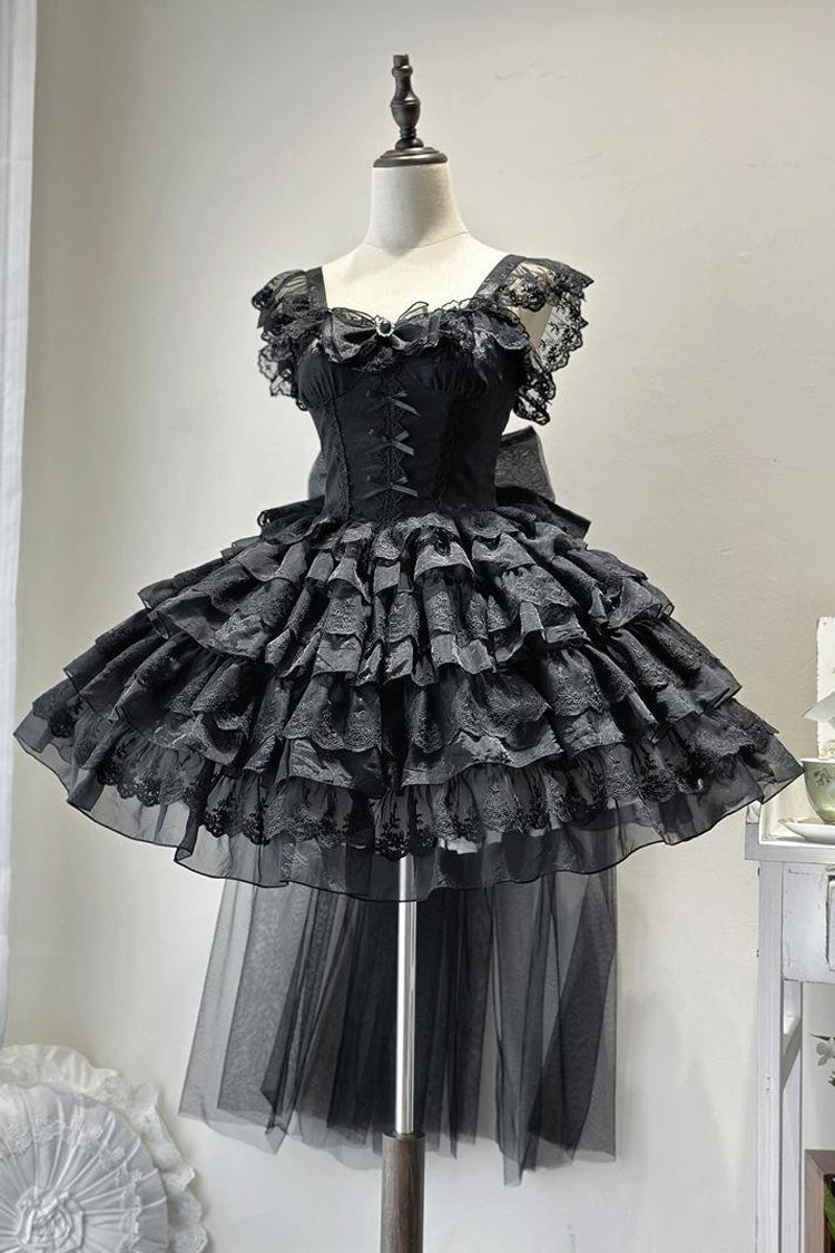 Black [From Broken Wings to Rebirth] Sleeveless Multi-Layered Ruffle Bowknot Lace-Up Gothic Ballet Lolita Jsk Dress