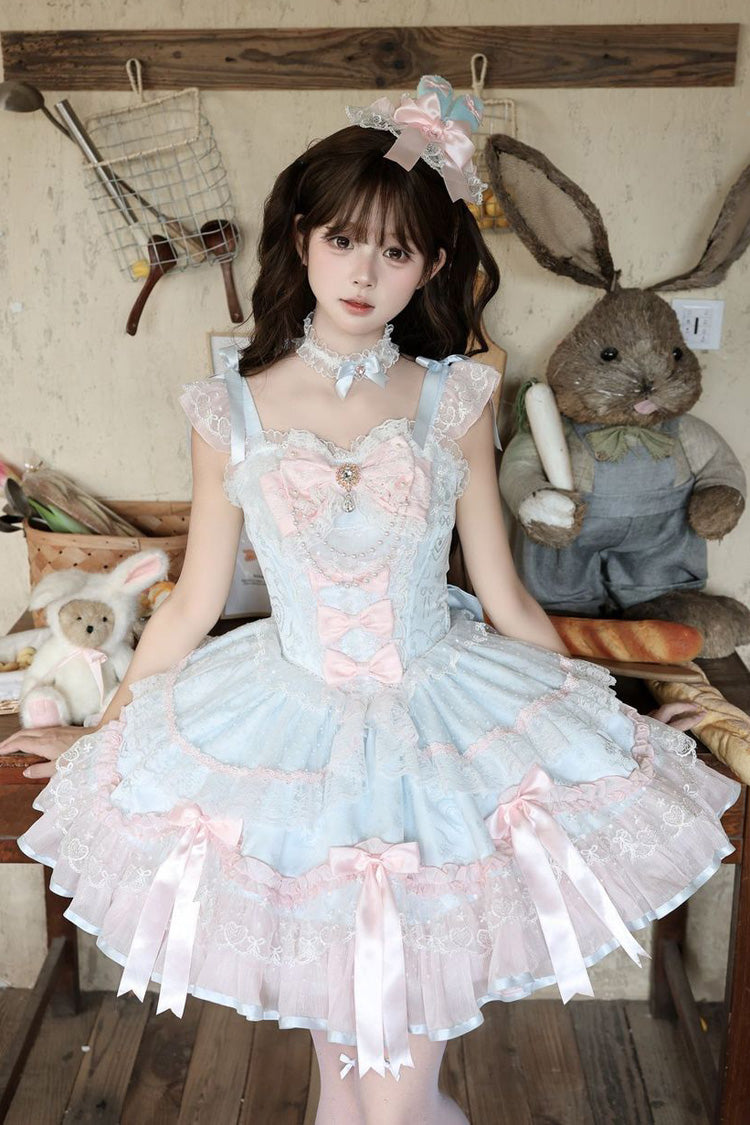 Blaues [Candy Satin Ballet] ärmelloses, mehrlagiges, gerüschtes, mit Schleife, Spitze und Perlen verziertes, süßes Lolita JSK-Kleid mit quadratischem Kragen