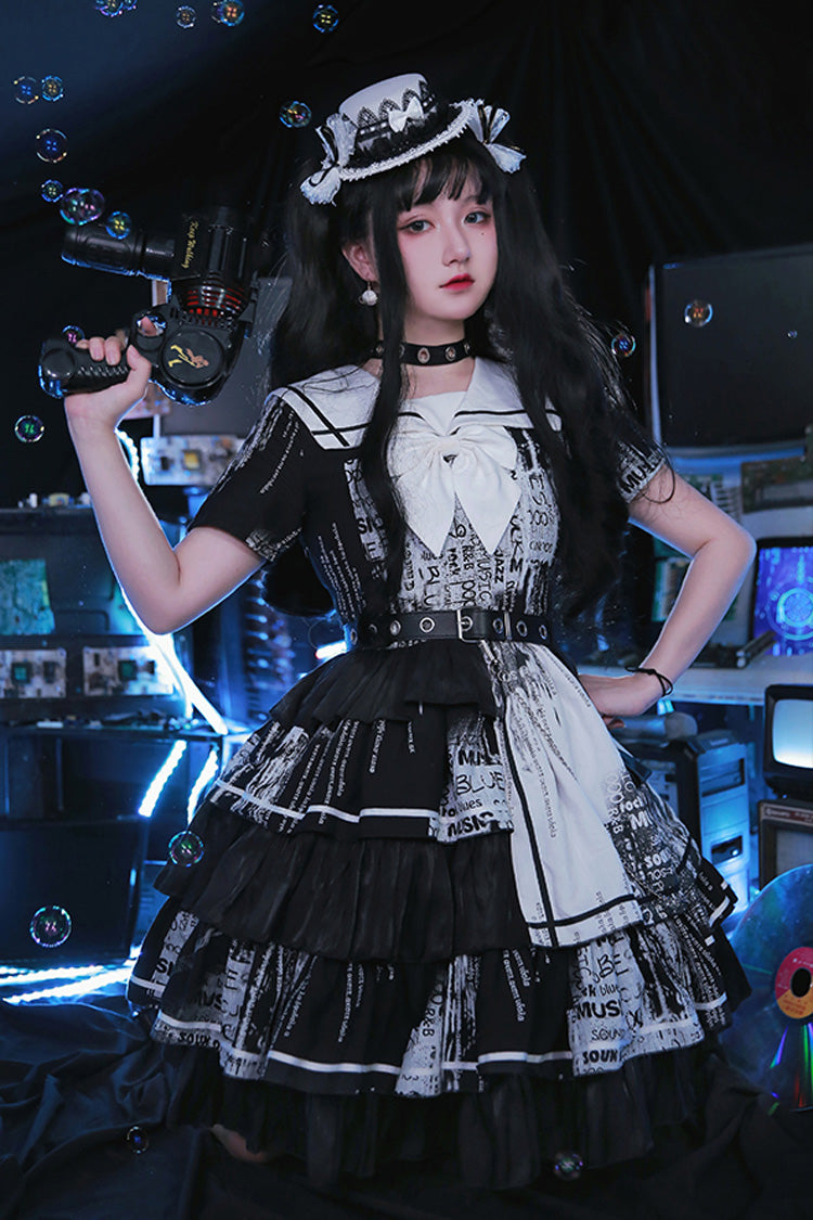Black Short Sleeves Multi-Layered Print Ruffle Bowknot Asymmetric Punk College Style Lolita Dress