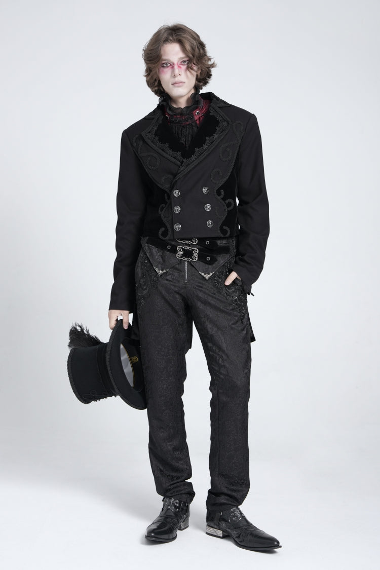 Pantalon de costume gothique pour homme à broderie taille haute avec doubles boucles noires 