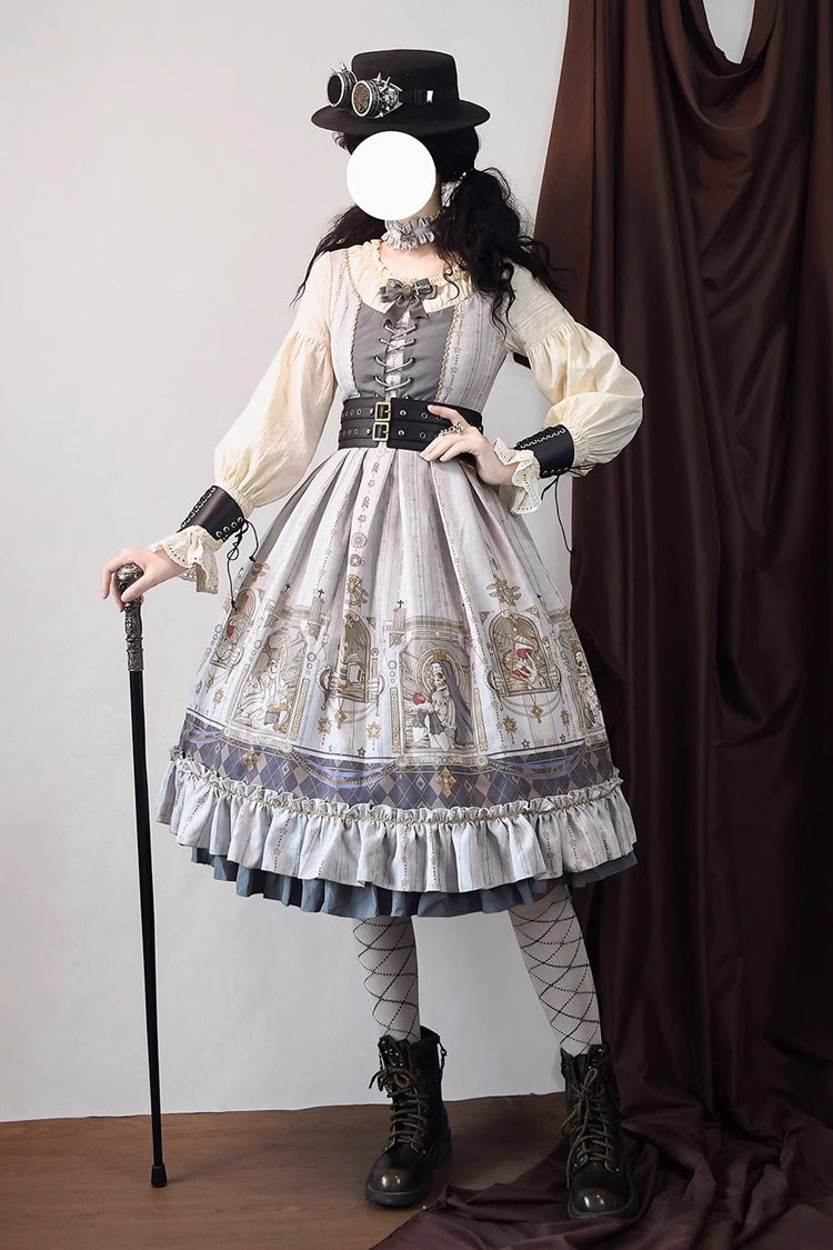 Demon Hunting Notes Long Lantern Sleeves Print Ruffle Sweet Elegant Lolita Dress 2 Colors