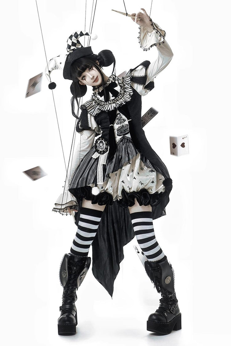 Black [Weird Toy Box] Circus Clown Halloween Print Ruffle Embroidery Asymmetric Gothic Ouji Lolita Full Set