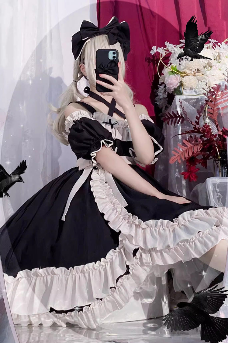 Black [Monet Estate] Sleeveless High Waisted Ruffle Bowknot Asymmetric Gothic Lolita Jsk Dress