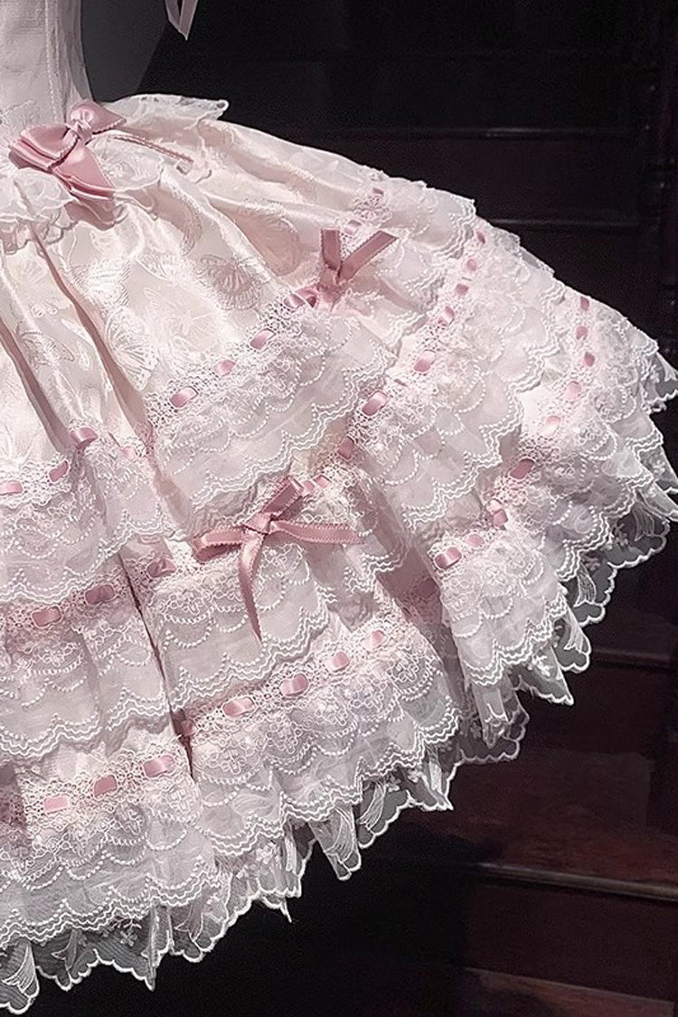 Pink [Flora Isle Butterfly] Sleeveless Ruffle Bowknot Lace Lace-Up Sweet Elegant Lolita Jsk Dress