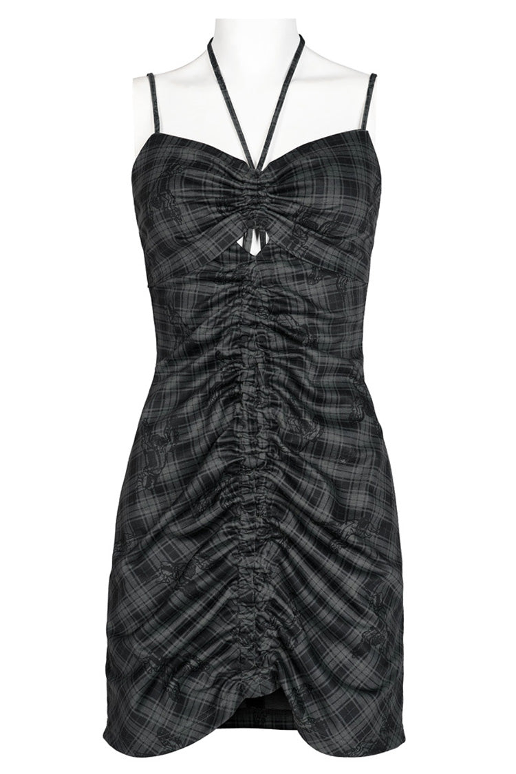 Grey Knitted Stretch Hollow-Carved Design Drawstring Bodycon Shoulder Strap Halter Neck Women's Punk Dress