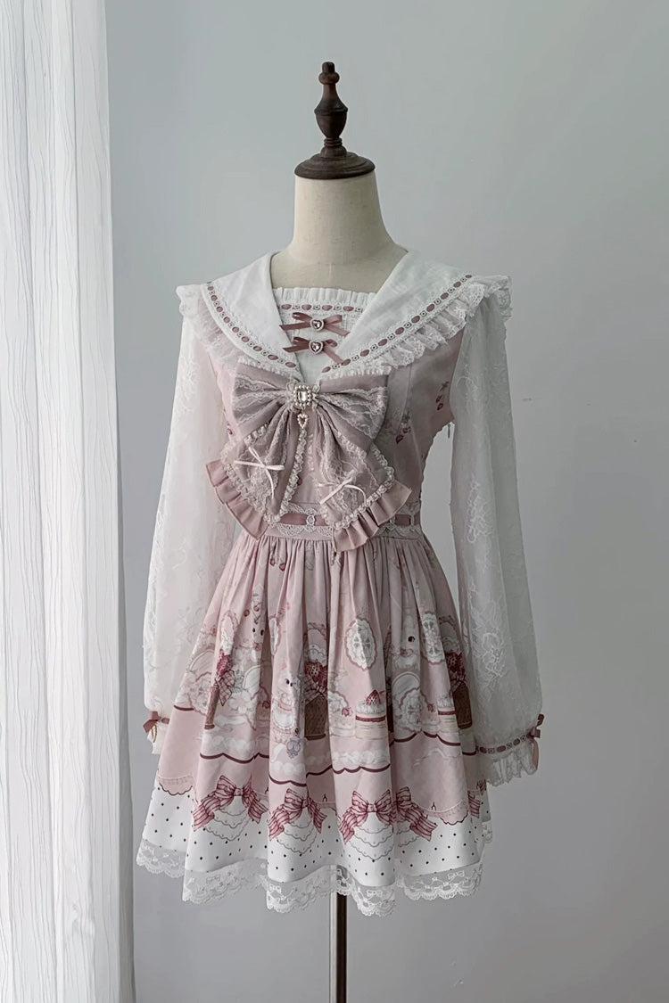 White/Pink [Strawberry Bunny] Navy Collar Long Sleeves Printed Ruffled Bow Lace Sweet Japanese Jirai Kei OP Dress