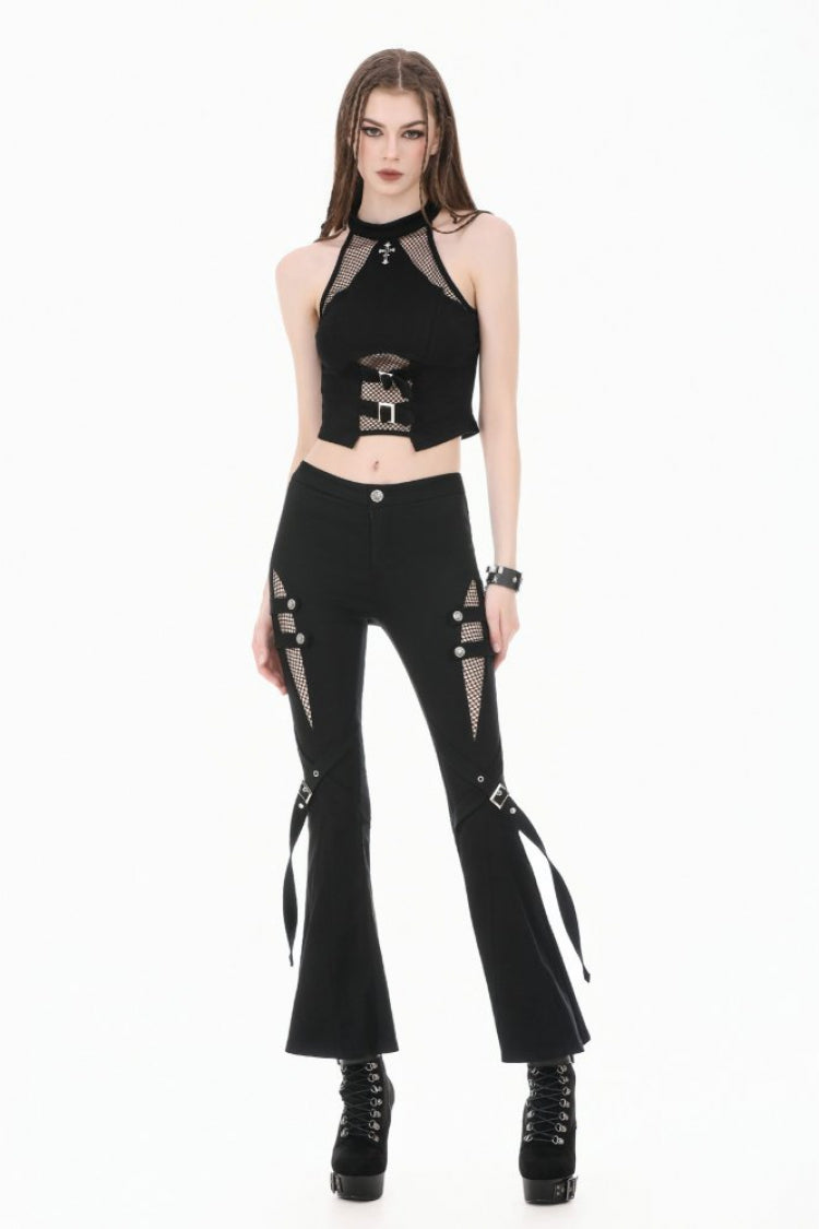 Black Women's Punk Buckled Straps Cut-Out Sheer Mesh Patchwork Flare Pants