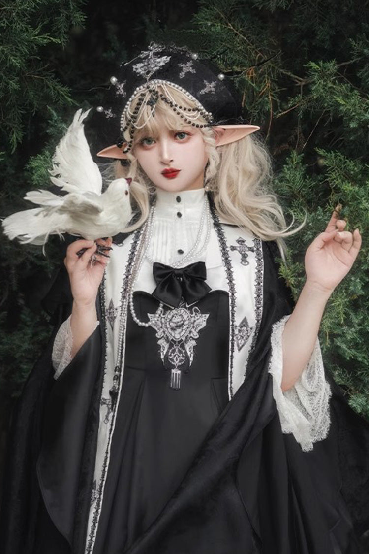 Black [Cross Nun] Stand Collar Off Shoulder Print Bowknot Gothic Elegant Lolita Dress