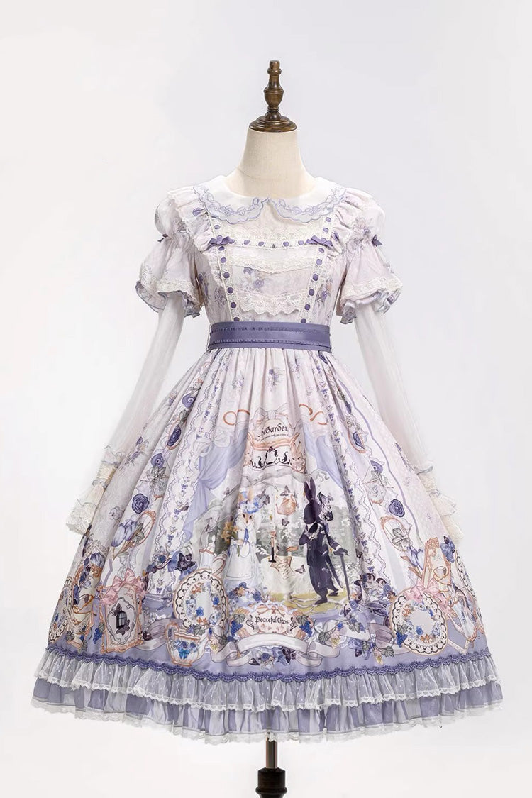 Lila [Red Hare Tea Party] Reverskragen, lange Ärmel, bedrucktes, gerüschtes Spitzen-Chiffon, süßes, elegantes Lolita-Kleid