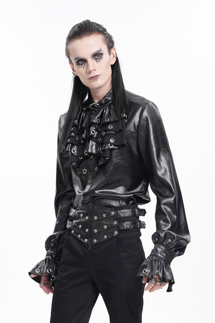 Black Long Sleeves Eyelets Buckle Men's Gothic Blouse