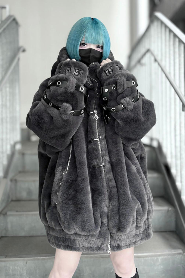 Jirai Kei Long Sleeves Hooded Zipper Punk Japanese Coat With Cross Leather Buckles 2 Colors