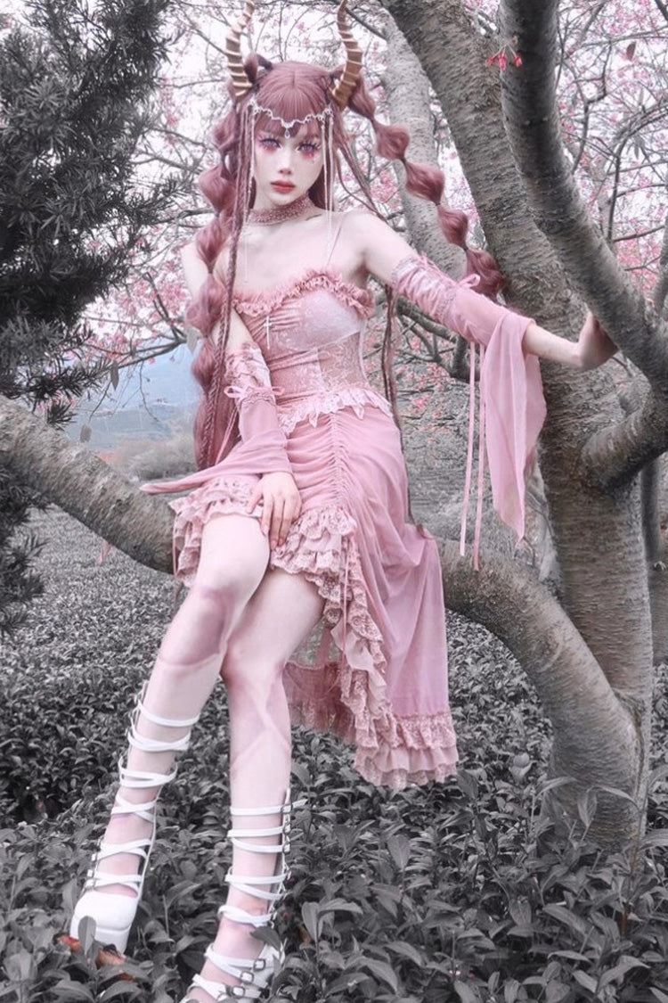 Pink Cherry Nightmare V Collar High Waisted Gothic Lolita JSK Dress