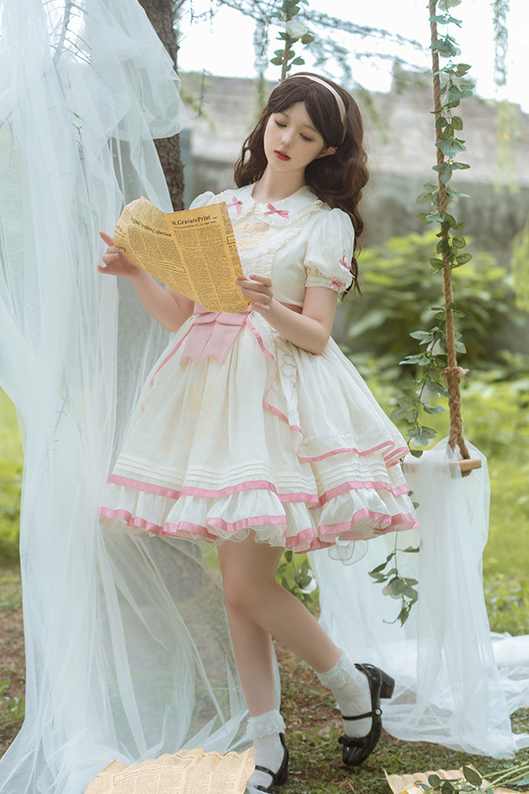 White/Pink Short Sleeves Multi-layer Ruffle Bowknot Sweet Lolita Dress