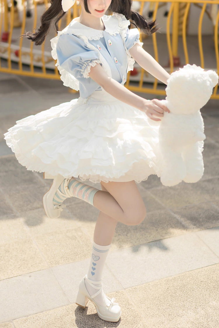 ホワイト/ブルー ドールカラー 半袖 多層フリル スウィート プリンセス ロリータ スカート ドレス セット