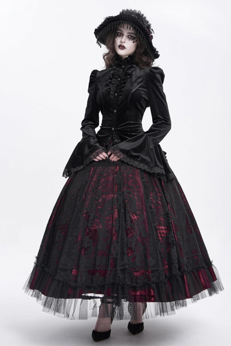 Black Stand Collar Long Trumpet Sleeves Ruffle Swallow-tailed Women's Gothic Blouse