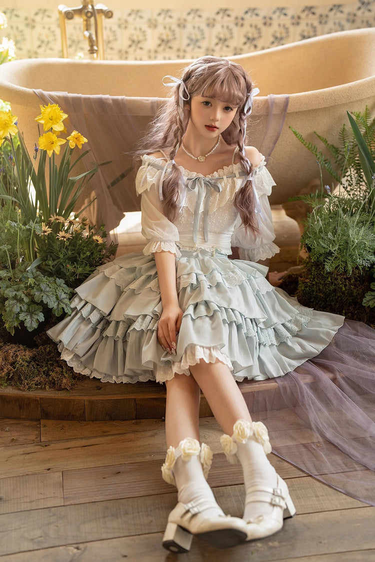 White/Blue Flower Language Multi-layer Ruffle Sweet Lolita Skirt Set