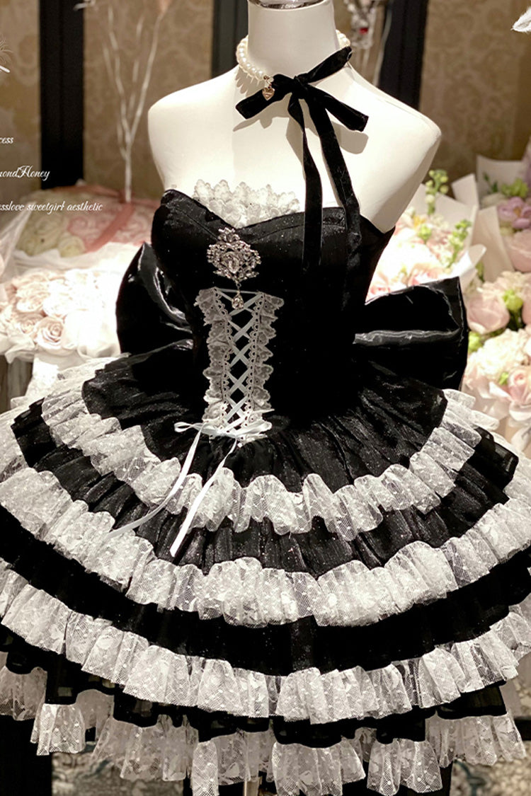 Black [Heartbeat at First Sight] Off Shoulder Sleeveless Multi-Layered Ruffle Bowknot Lace Lace-Up Sweet Princess Gorgeous Lolita Dress