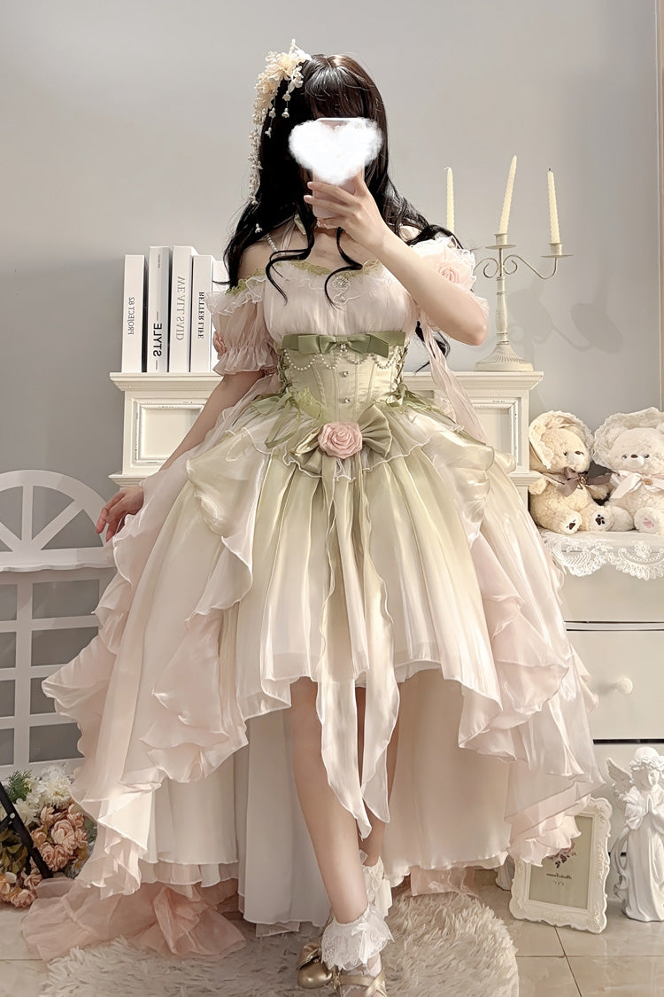 Light Pink/Green Bowknot Irregular Sweet Princess Lolita Jsk Dress