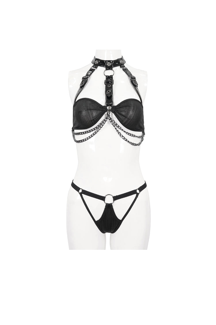 Black Detachable Hanging Neck Vertical Grain Texture Women's Punk Fun Suit
