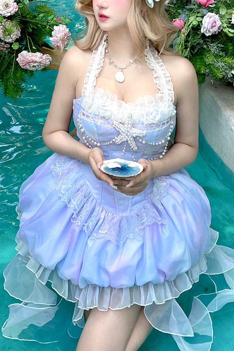 Blue [Starlight Jellyfish Princess] Halterneck Sleeveless Ruffle Lace Sweet Lolita Jsk Dress