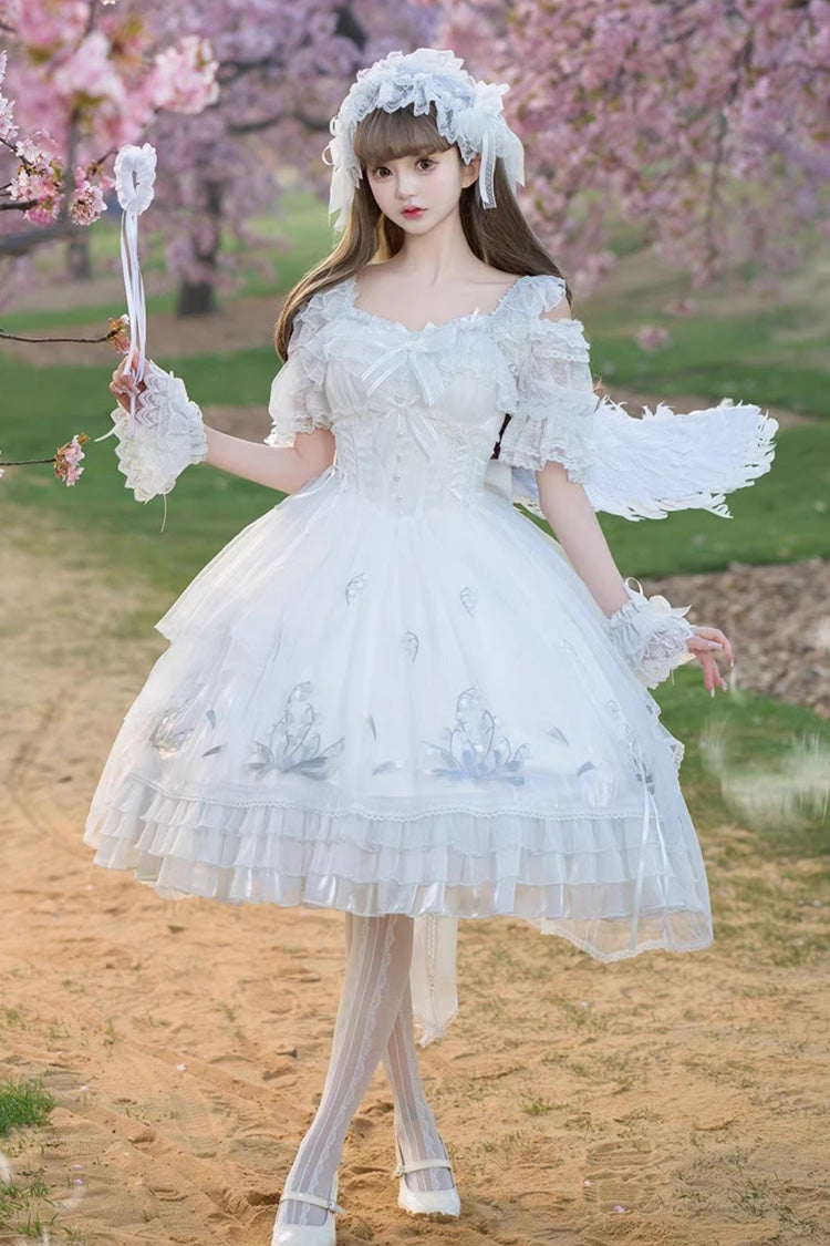White [Love Is Coming] Multi-layer Ruffle Embroidery Bowknot Sweet Princess Lolita Jsk Dress