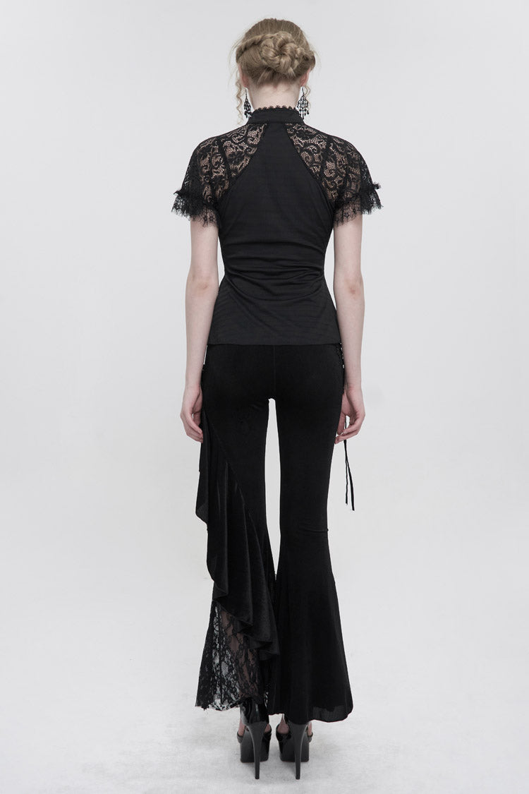Schwarzes, schlankes T-Shirt für Damen im chinesischen Stil mit V-Ausschnitt, Nagelbohrer, Brustnähten, Mesh, Raglanärmeln, Gothic-Cheongsam-Stil