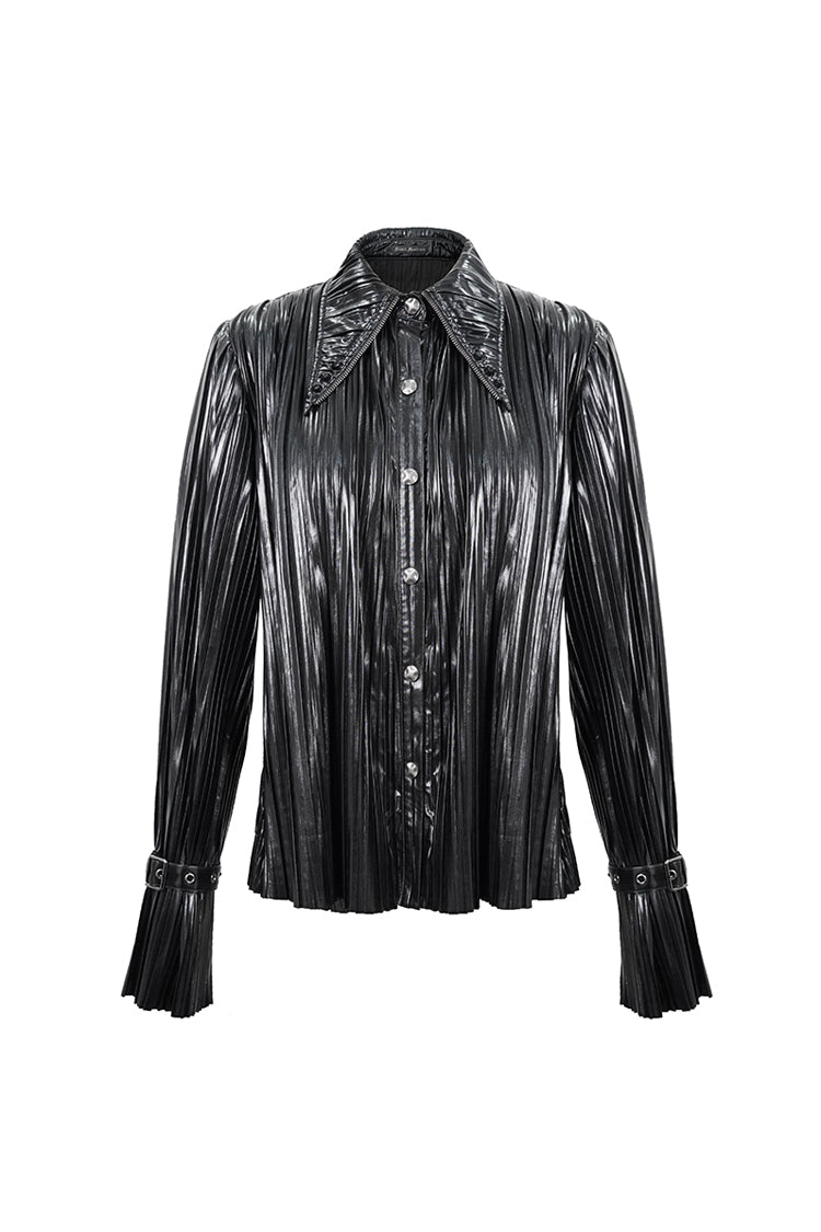 Black Metal Buckles Cuff Bright Pleated Pointed Collar Leather Loops Women's Punk Blouse