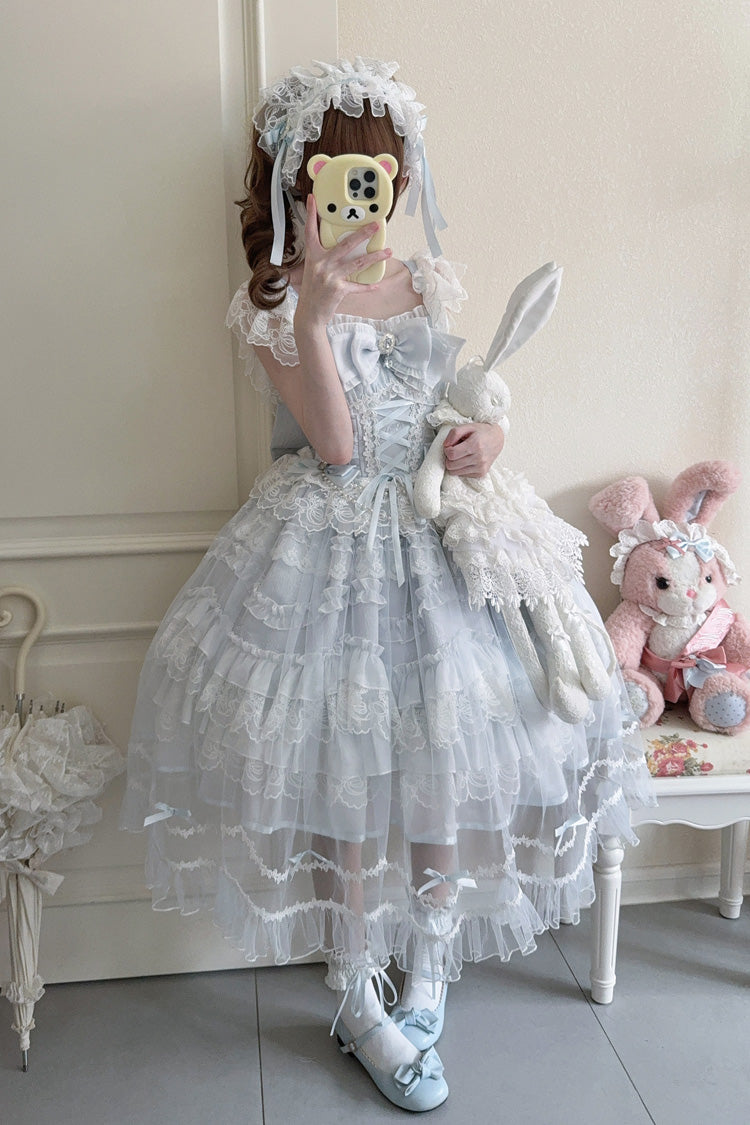 Blue [Eternal Vow] Sleeveless Multi-Layered Ruffle Hanayome Bowknot Lace Lace-Up Sweet Lolita Jsk Dress
