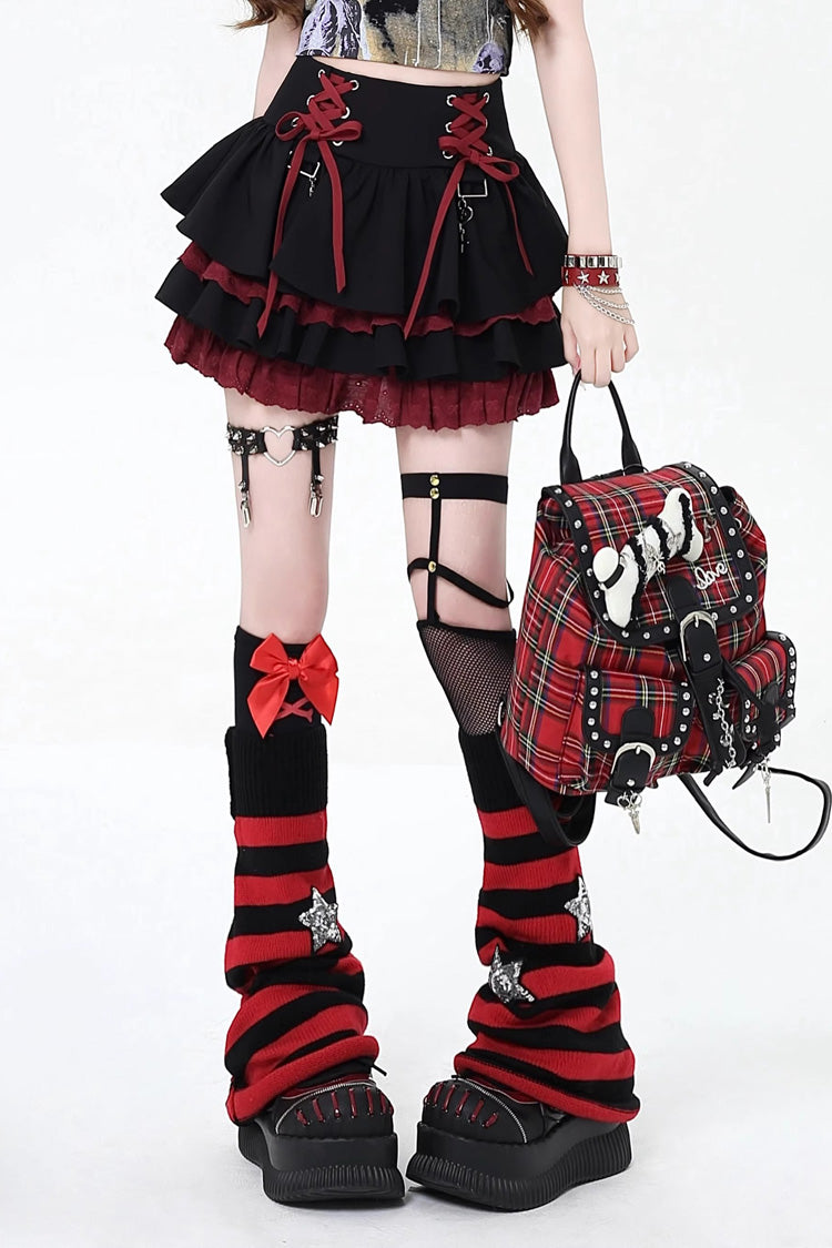 [Période Rebelle] Jupe Lolita Gothique Japonaise à Lacets à Volants Double Couche 3 Couleurs 