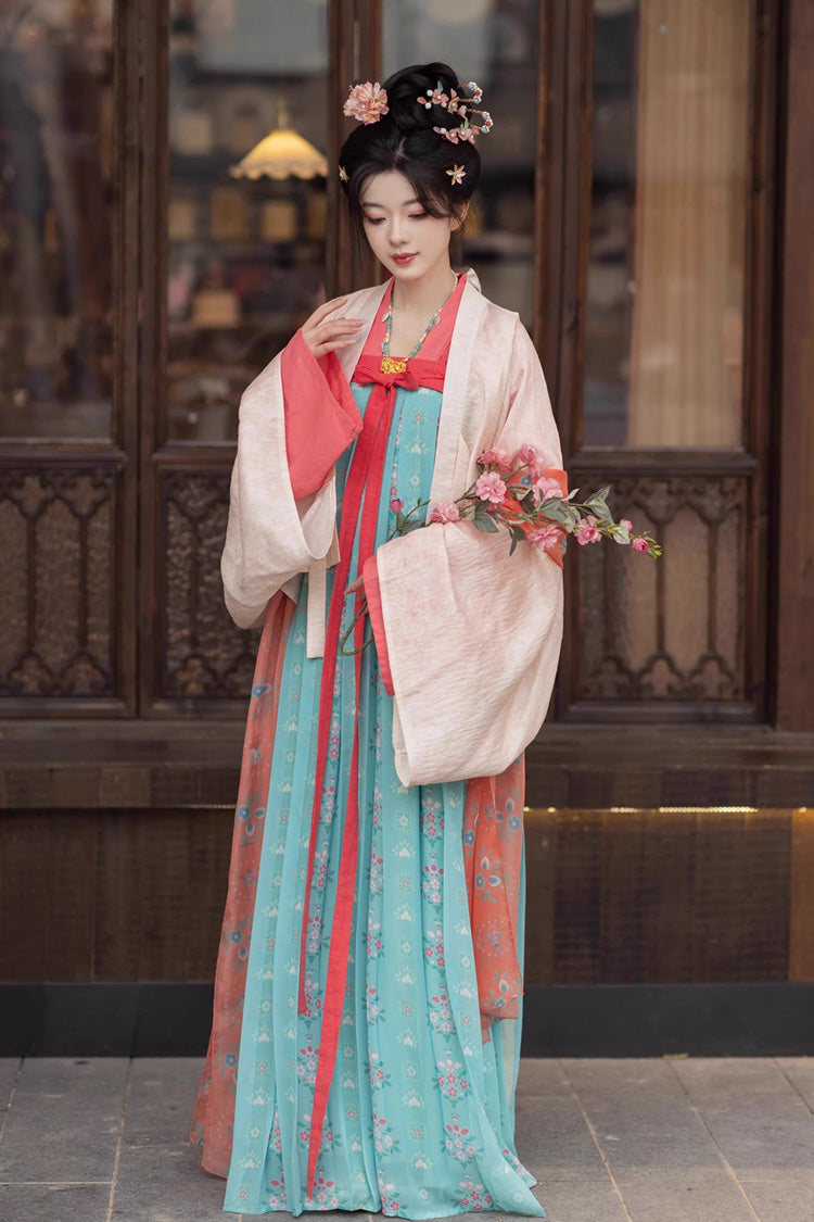 緑の[桃の花と春]長袖プリント刺繍クラシック漢服ドレス 