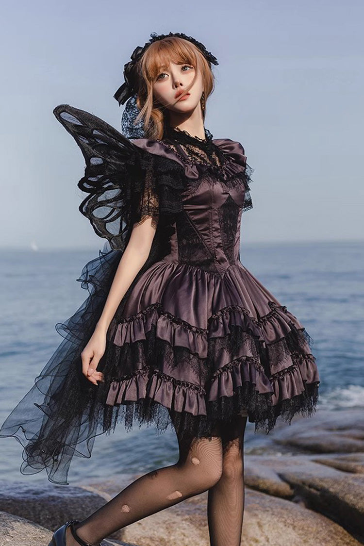 Black/Purple Silent Melody Ballet Style Halter Boat Neck Short Sleeves Gothic Lolita Dress
