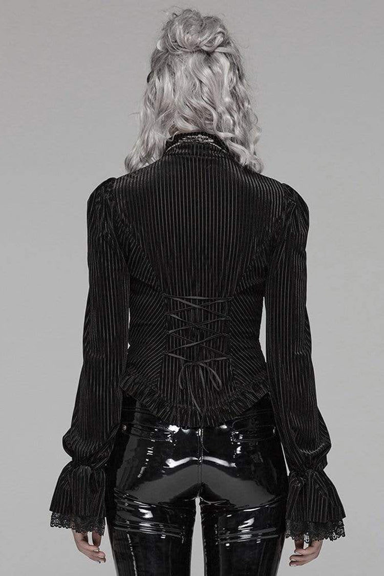 Gestreifte Samt-Metall-Retro-Knopf-Spitze-Manschette hinten Taille Schnürung Damen Gothic Bluse