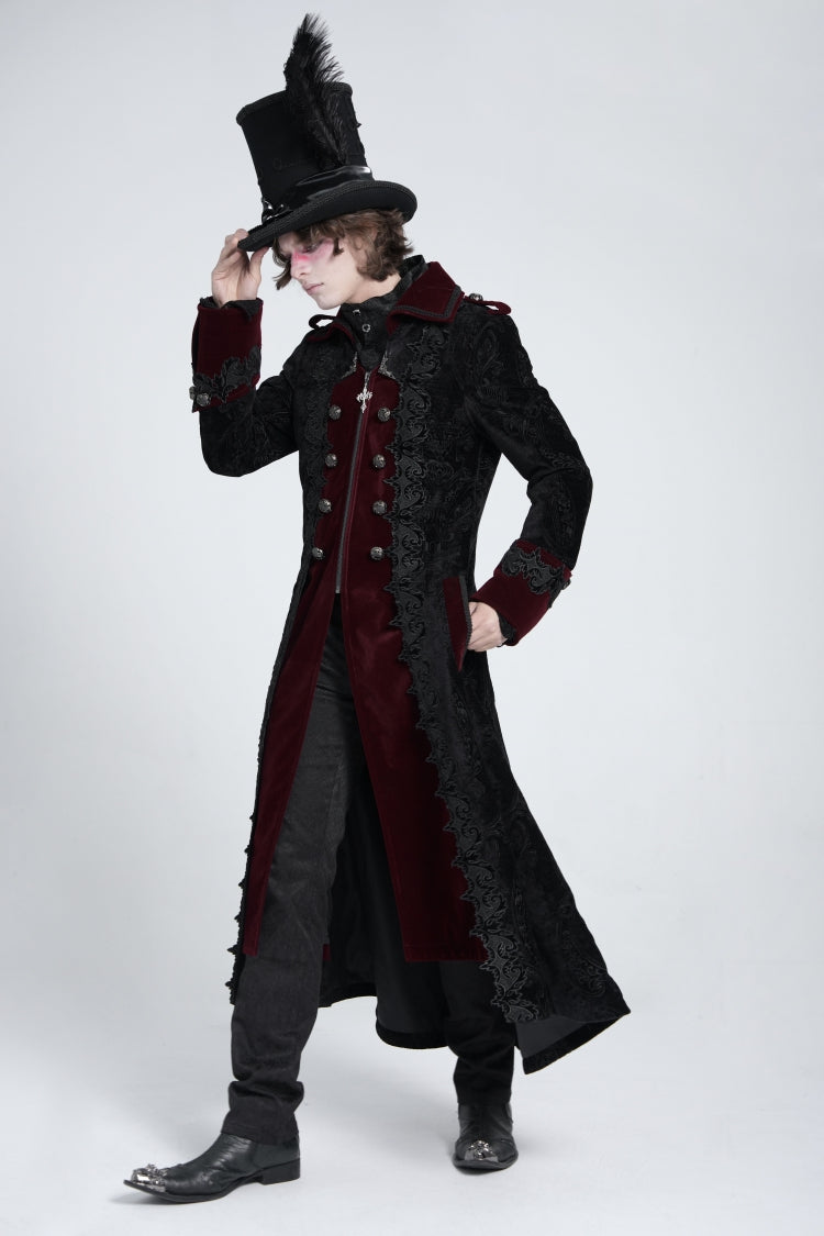 Black/Red Lapel Collar Embroidery Zipper Men's Gothic Handsome Coat