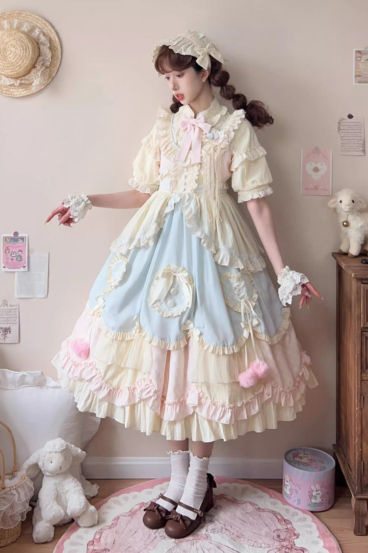 Multi-Color [Mianmian Macaron] Sleeveless Multi-Layered Ruffle Bowknot Lace Sweet Lolita Jsk Dress (Long Version)