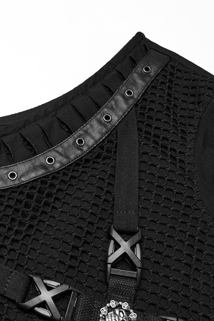 Black Round Collar Sleeveless Stitching Mesh Buckle Men's Punk Vest