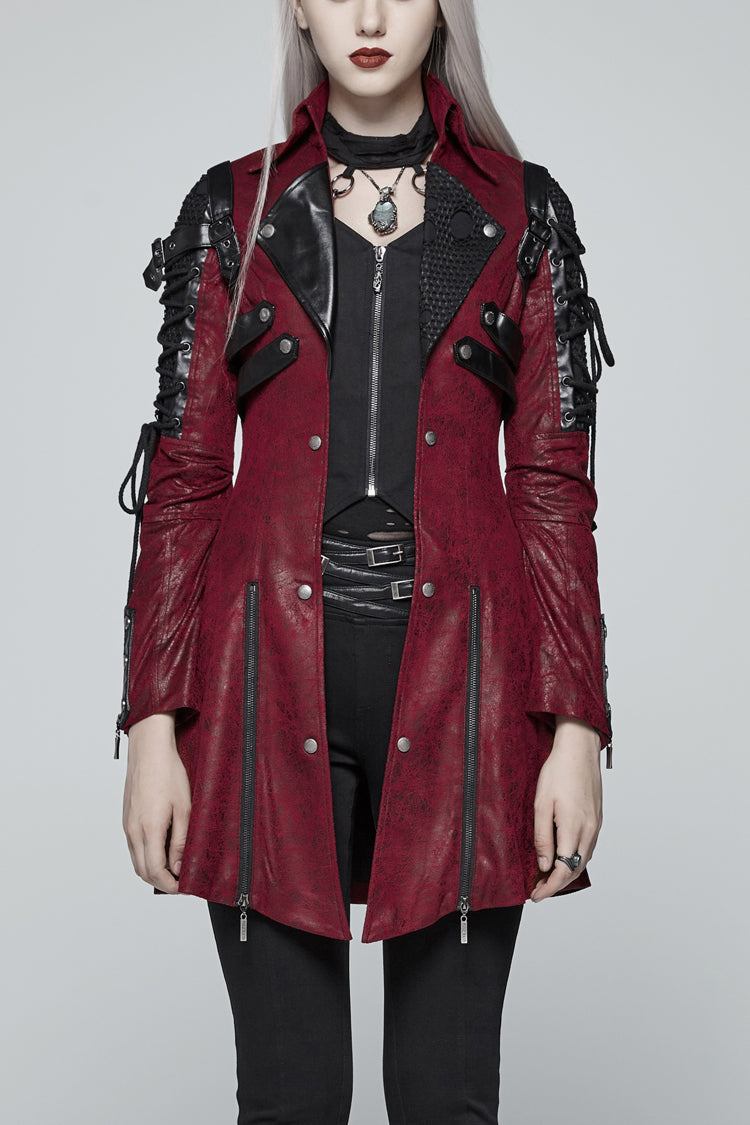 Red Metal Buckle Decoration Zipper Womens Steampunk Windbreaker Coat