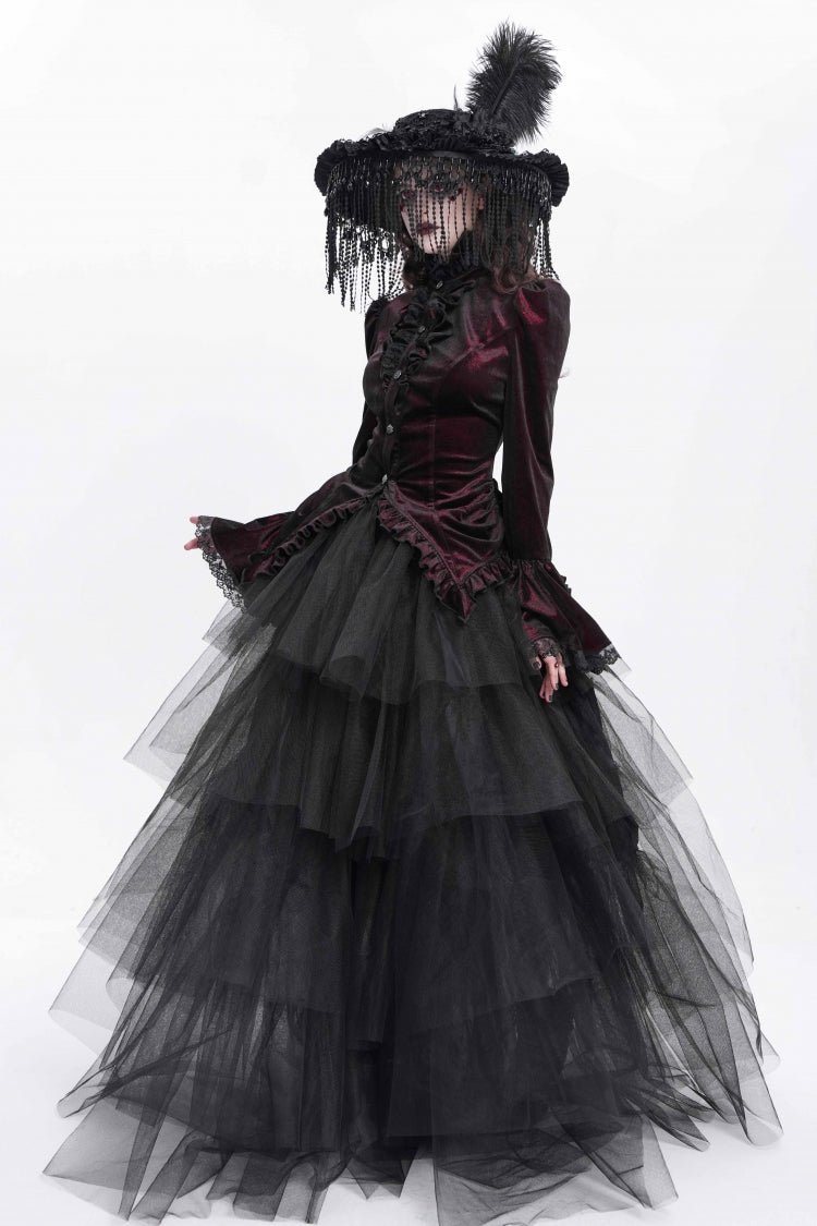 Red Stand Collar Long Trumpet Sleeves Ruffle Swallow-tailed Women's Gothic Blouse
