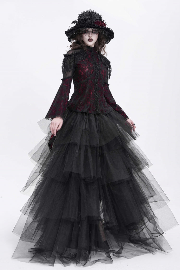 Red Stand Collar Long Trumpet Sleeves Embroidery Stitching Lace Women's Gothic Blouse