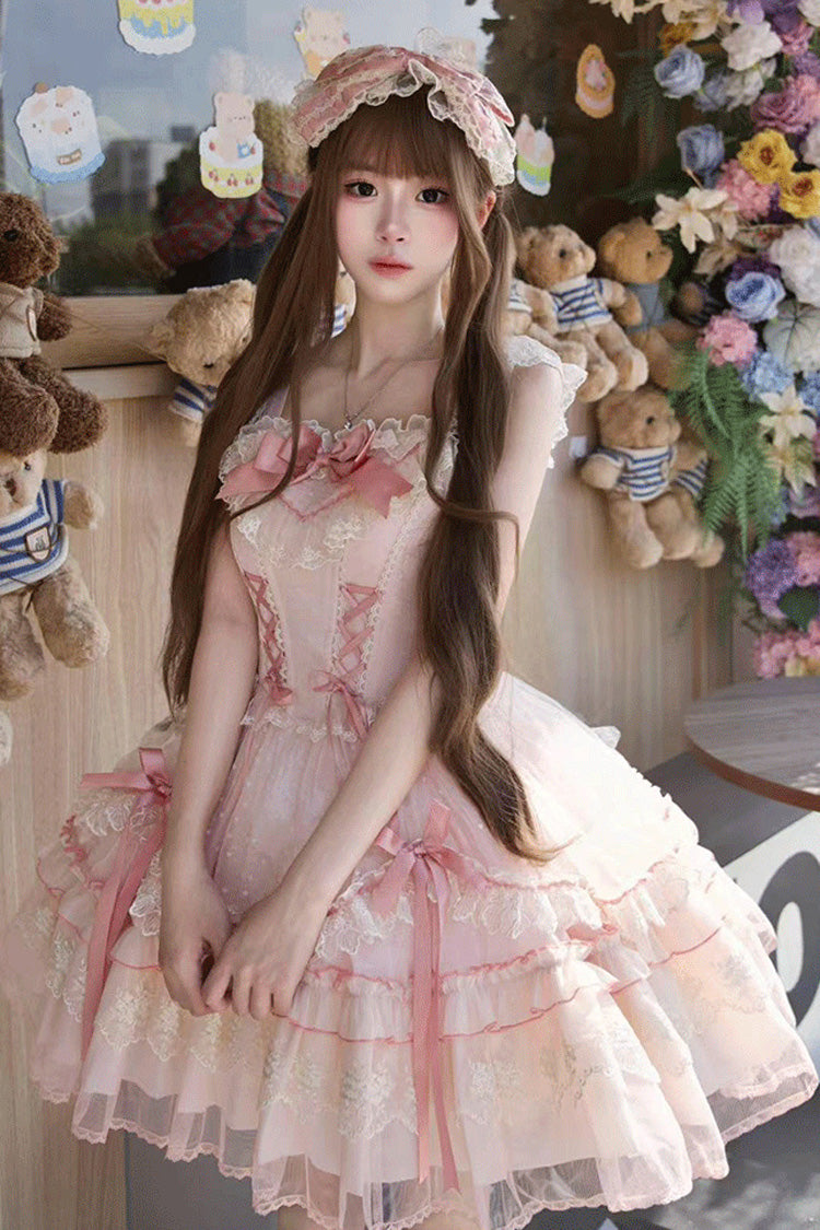 Pink [Candy House] Sleeveless Ruffle Bowknot Lace Lace-Up Sweet Lolita Jsk Dress