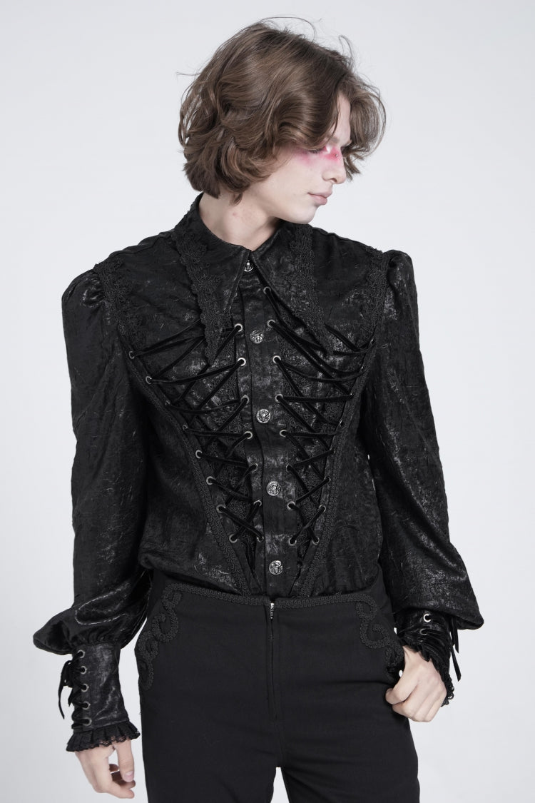 Schwarze lange Puffärmel Jacquard-Spitzen Herren Gothic Bluse 