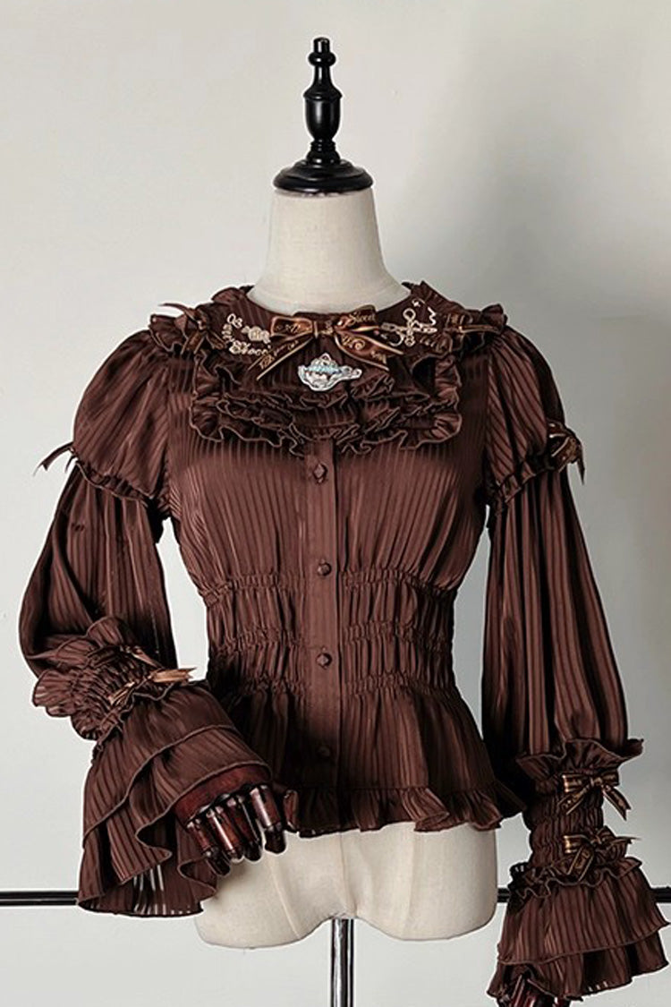 [Teddy Bear Chocolate] Round Collar Long Trumpet Sleeves Ruffle Bowknot Sweet Lolita Blouse 3 Colors